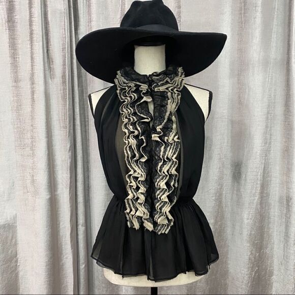 🌟 ROBERT RODRIGUEZ Ruffled Black & Cream Top - Picture 1 of 8